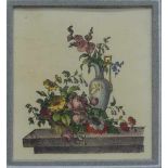 LithographieFrankreich um 1900, coloriert, Blumenstillleben mit Kanne, 10x9 cm, im Rahmen,- - -20.00
