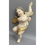 HolzskulpturSüddeutsch, 19. Jh., geflügelter Putto, gefasst, h 49 cm,- - -20.00 % buyer's premium on