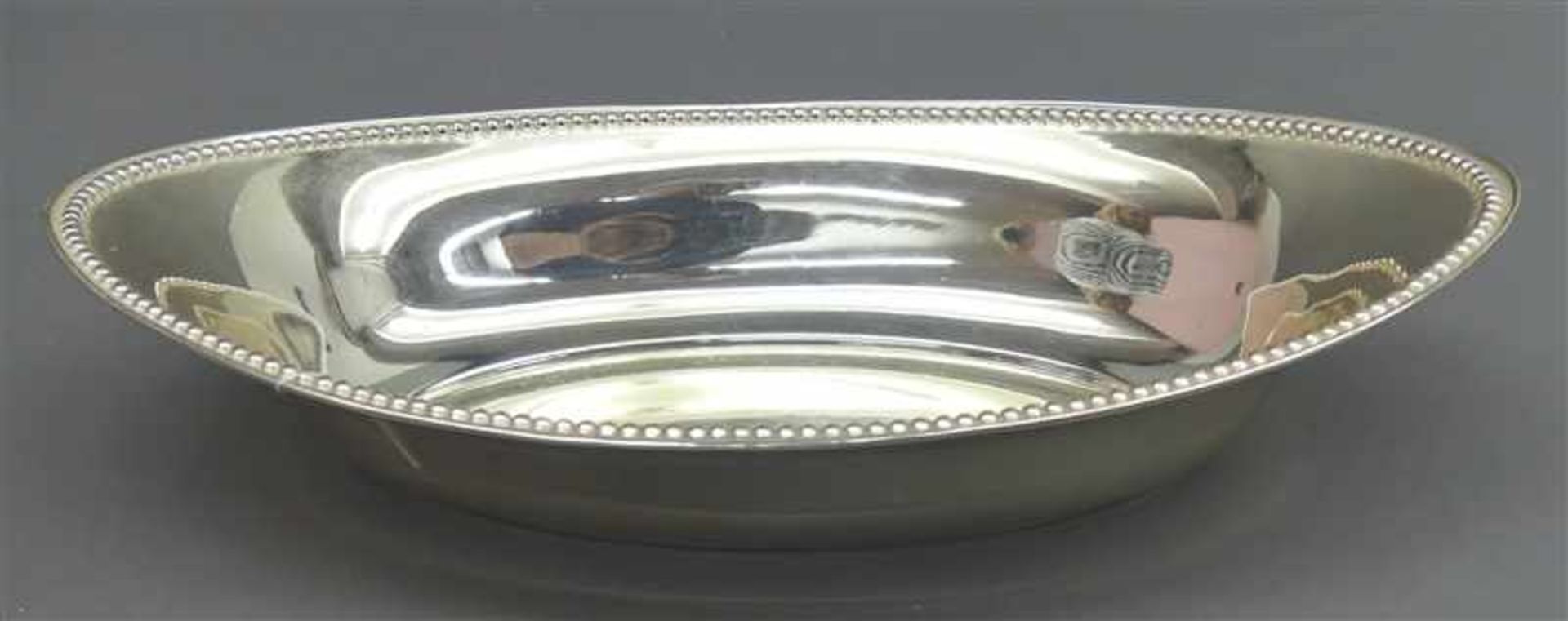 Schale800er Silber, Perlrand, oval, Widmung am Boden 1925/1950, ca 240g, l 32 cm,- - -20.00 %