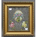 PerlstickereiMedaillon mit Blumen in der Vase und Rosenblüten, um 1920, 21x18 cm, im Rahmen,- - -