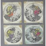 4 SeidenstickereienJugendstil, um 1910, "4 Jahreszeiten", nach Mucha, Frankreich, d 13,5 cm,- - -