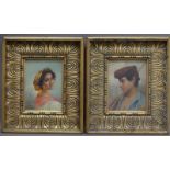 Italien, um 1920 Paar Gemälde, Öl auf Holz, Porträts "Mädchen mit Kopftuch" und "Junge mit Mütze",