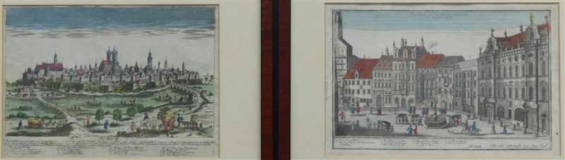 Paar Guckkastenbilder 18. Jh., coloriert, 1x Ansicht von München, 1x Der Rindermarkt in München, mit