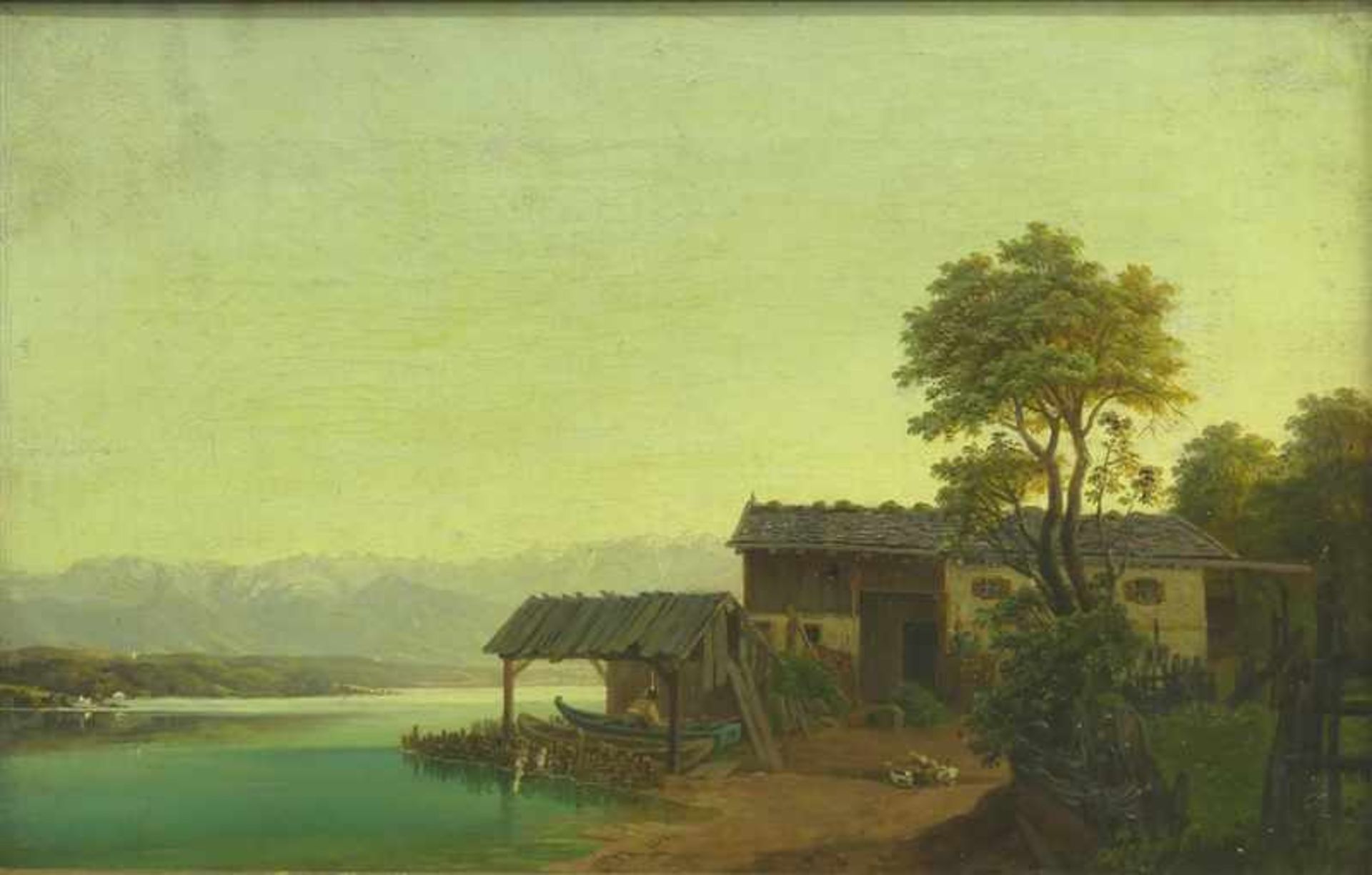 Münchner SchuleÖl auf Leinen, 19. Jh., "Romantische Uferlandschaft mit einer Fischerhütte", 25x40