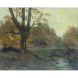 PappÖl auf Leinen, "Waldlandschaft mit kleinem Weiher", links unten signiert, impressionistische