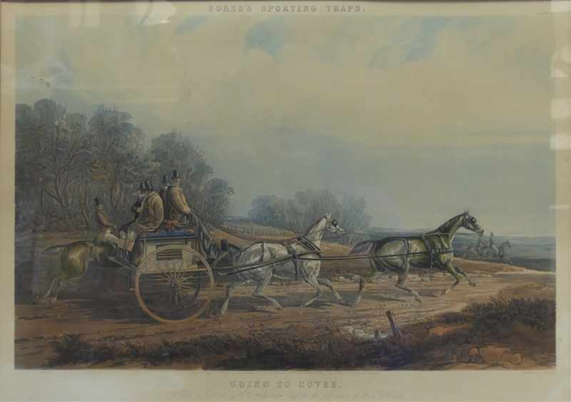 Druckgraphik, um 1900England, "Going to Cover", Ansicht einer zweispännigen Kutsche, 56x77 cm, im