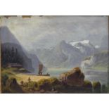 Monogrammist, 19. JhÖl auf Leinen, "Gebirgslandschaft mit Alpensee, am Ufer ein Fischerboot",