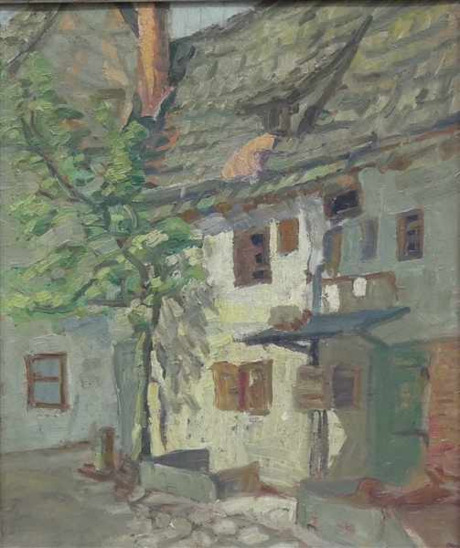 Deutsch, 20. Jh.Öl auf Malerpappe, Hofansicht, impressionistische Malweise, 38x32 cm, im