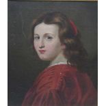 PorträtmalereiÖl auf Leinen, "Mädchen im roten Kleid", wohl Düsseldorfer Schule, kleine