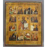 IkoneNordrussland, 19. Jh., Tempera auf Holz, mittig der Hl. Nikolaus, mit 12 Szenen aus seinem