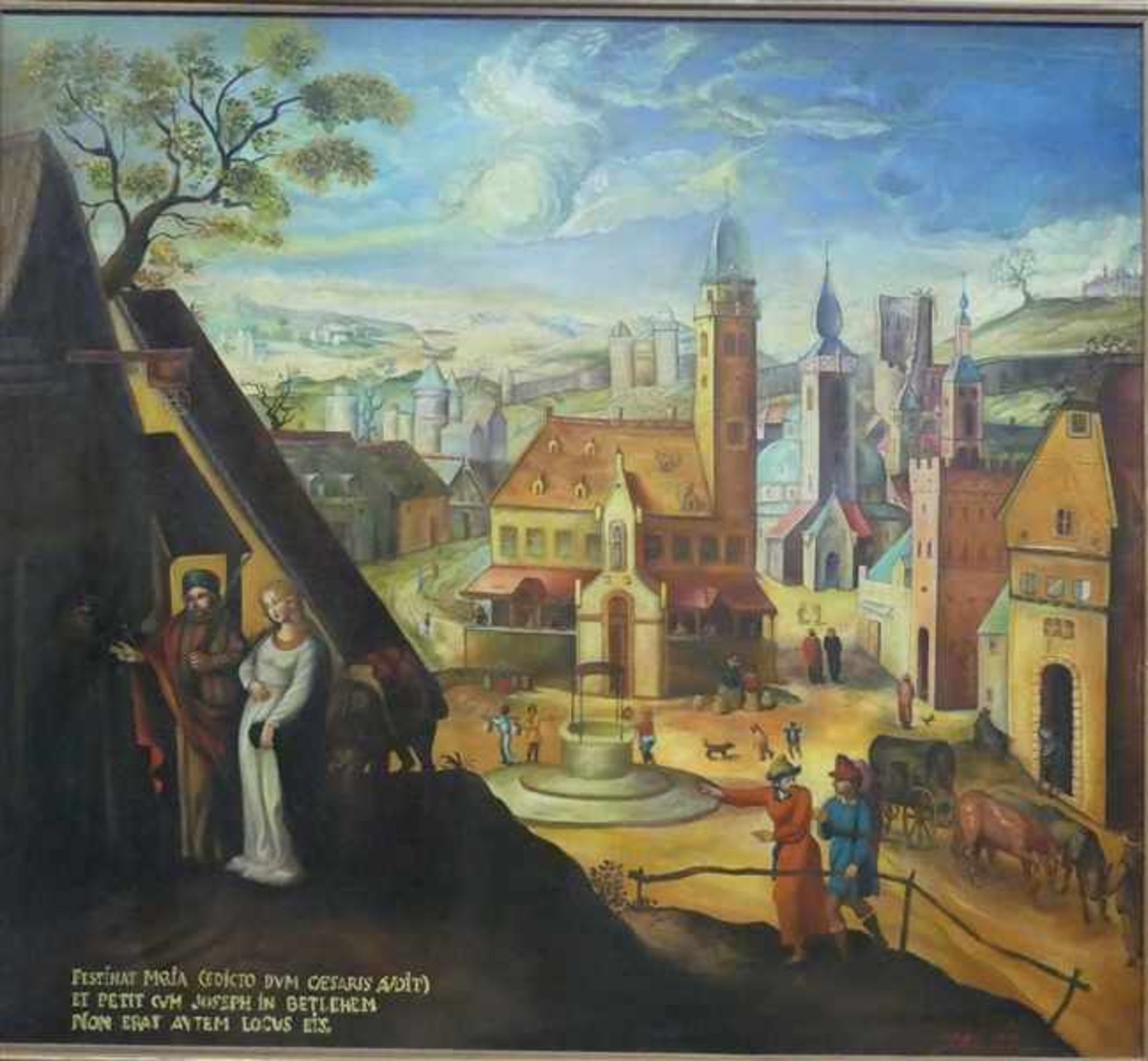 Museumsreplik - Italien, 20. Jh.Hl. Familie in Betlehem, rückseitig bezeichnet, 90x100 cm, im