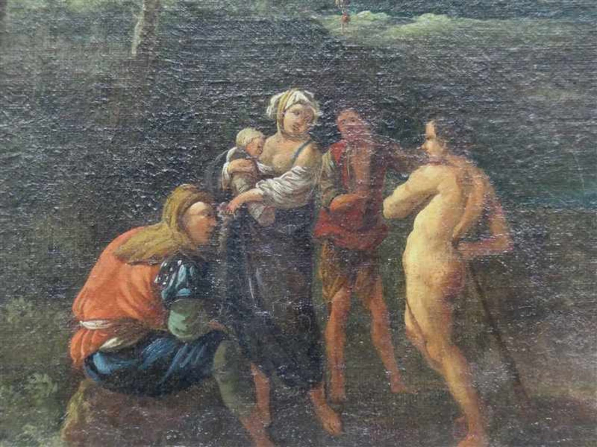 Flämisch, 17./18. Jh.Öl auf Leinen, doubliert, romantische Landschaft mit Personen im Vordergrund, - Bild 3 aus 5