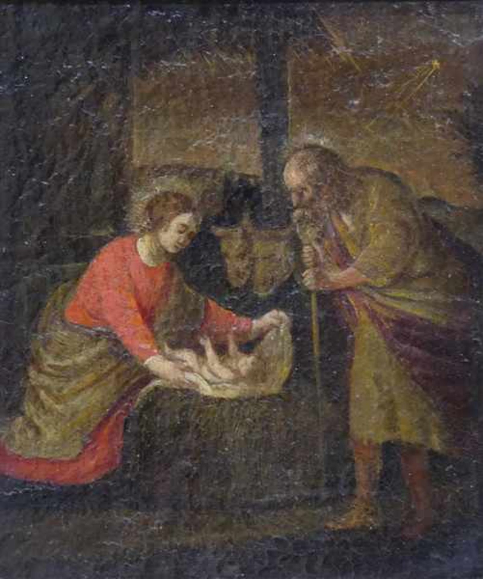 Unbekannt, um 1800Öl auf Leinen auf Holz, Maria mit dem Jesuskind und einem Hirten, 20x16 cm, im