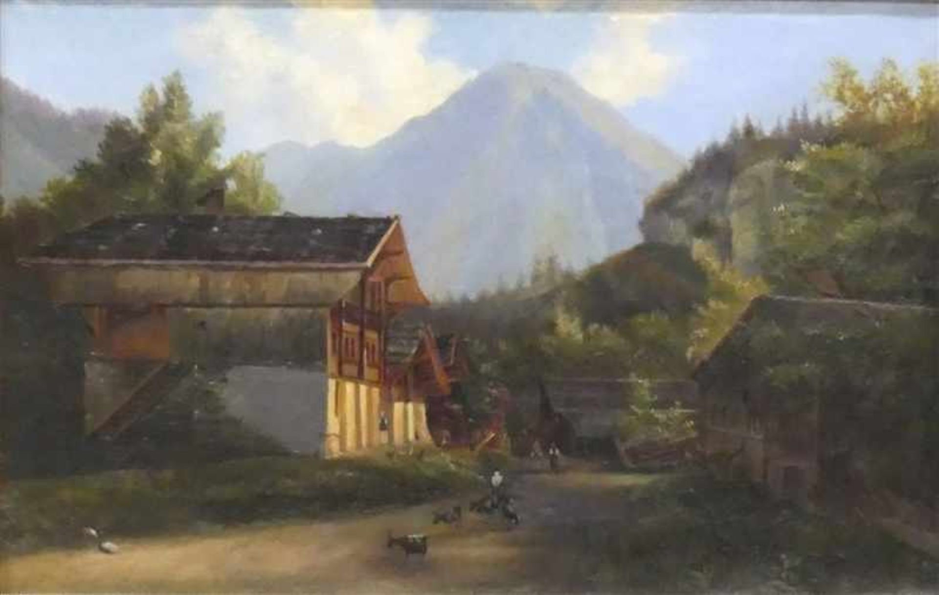 Deutsch, 19. Jh.Öl auf Leinen, Ansicht eines Bauernhofes, mit Personen und Tieren, im Hintergrund