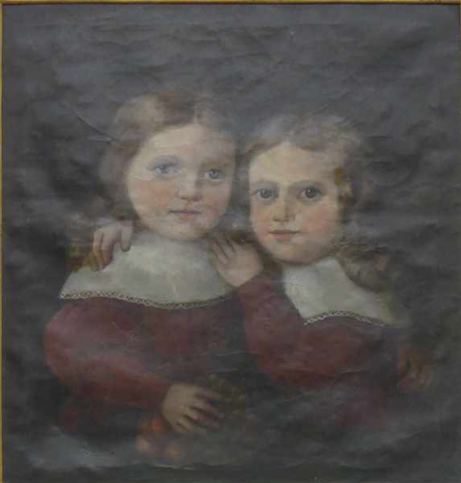 Kinderporträt, um 1880Öl auf Leinen, Darstellung von zwei Geschwistern, schlechter Zustand, 50x45