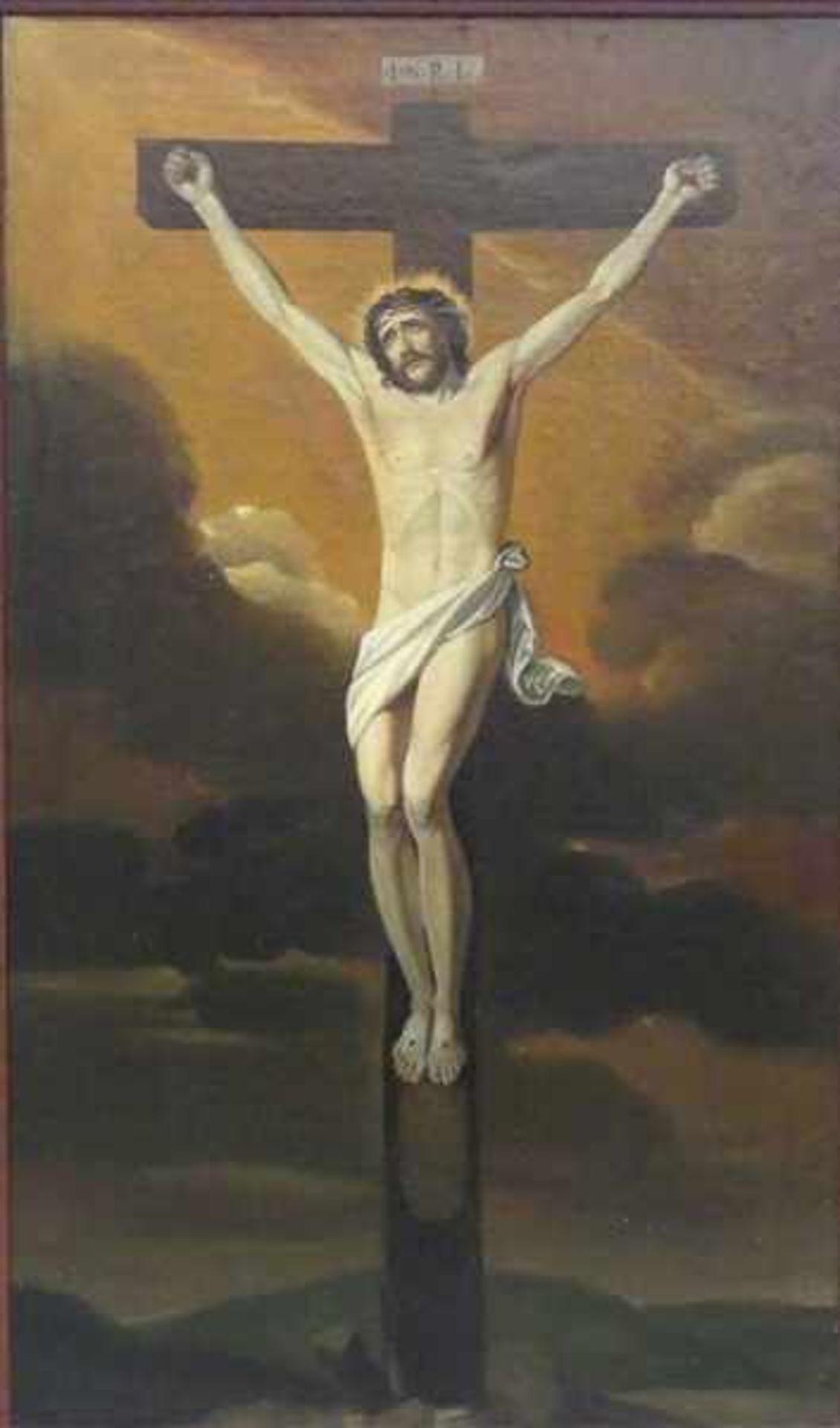 Deutsch, 19. Jh.Öl auf Leinen, Christus am Kreuz, gute Darstellung, 78x46 cm, im Rahmen,- - -20.00 %