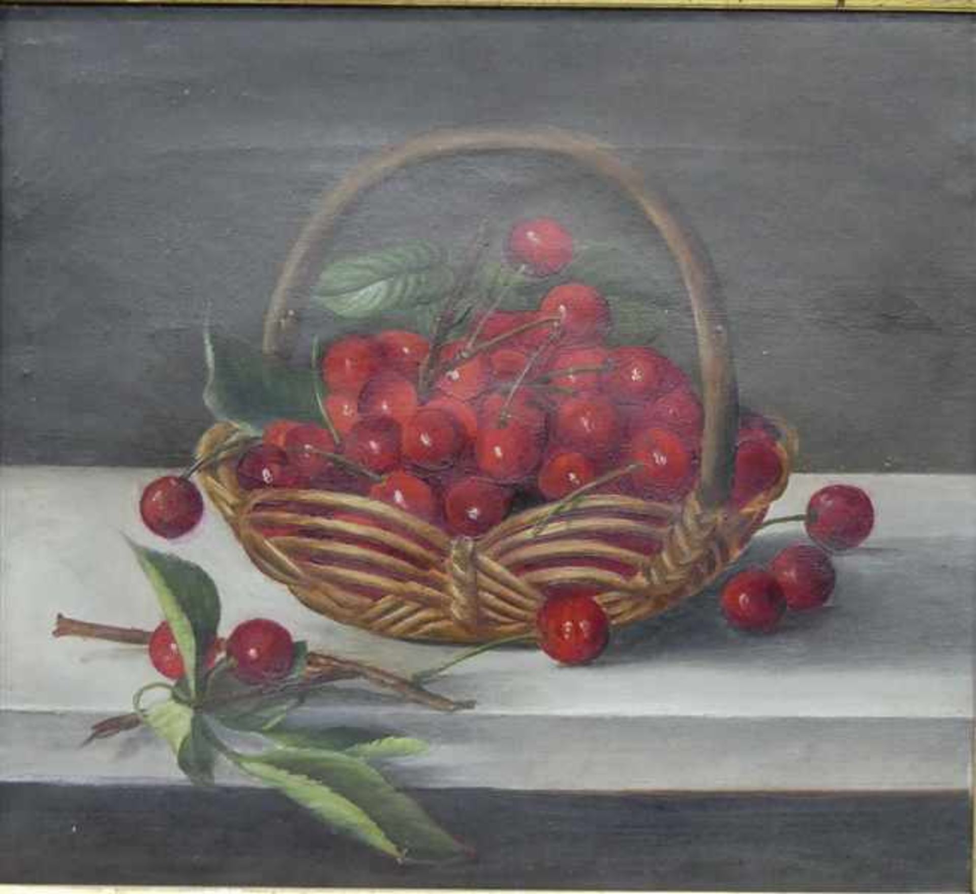 Stillebenmalerei, 19. Jh.Öl auf Leinen, Obststilleben von Kirschen im Korb, 27x31 cm, im