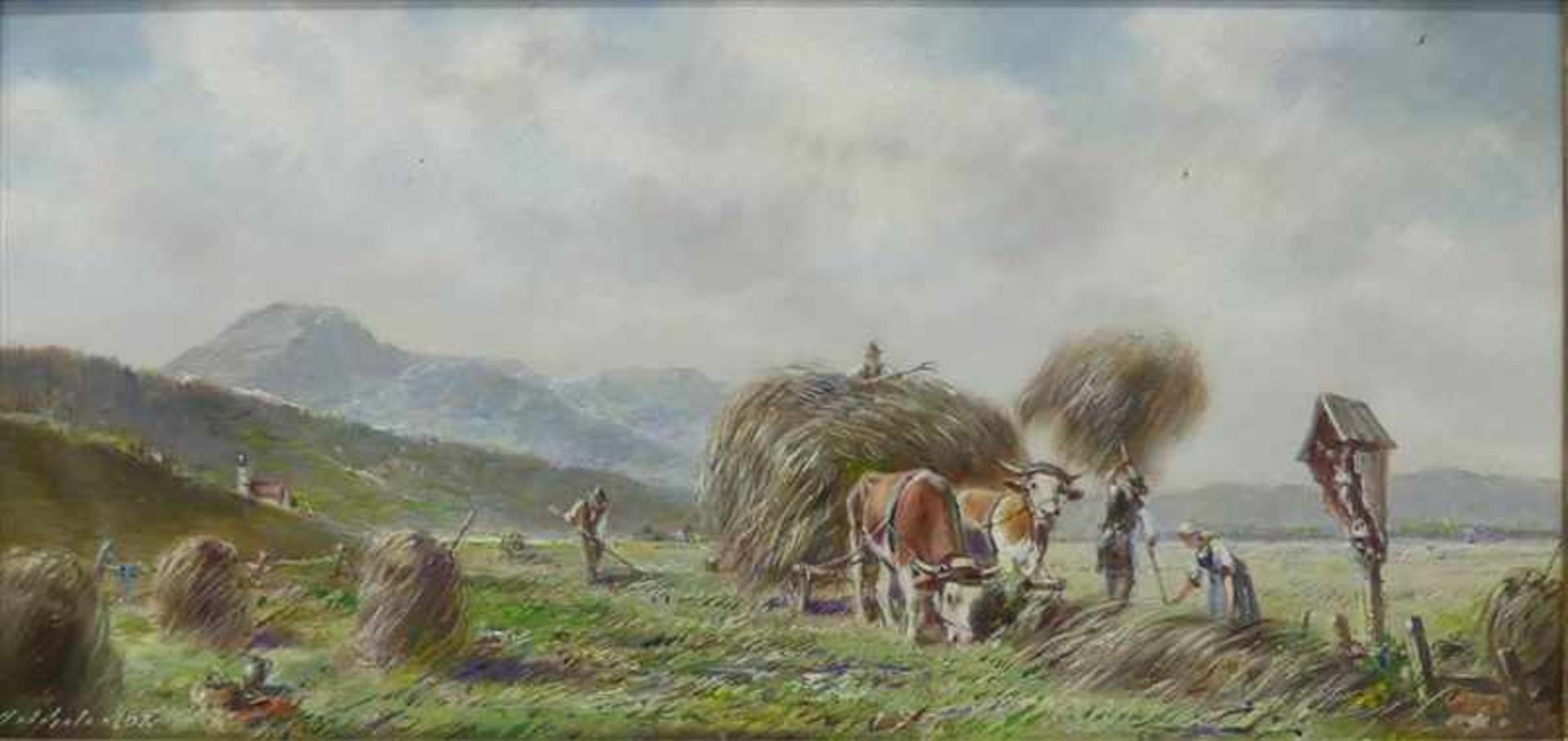 Süddeutsch, 20. Jh.Öl auf Malerpappe, Bauern bei der Heuernte, im Vordergrund ein Ochsenkarren,