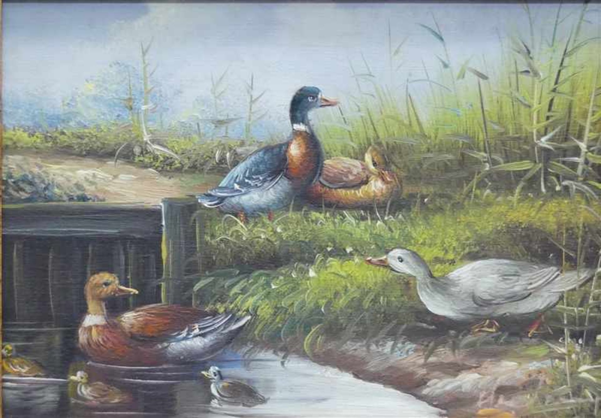 Unbekannt, 20. Jh.Öl auf Holz, Enten am Bachlauf, 20x25 cm, im Rahmen,- - -20.00 % buyer's premium