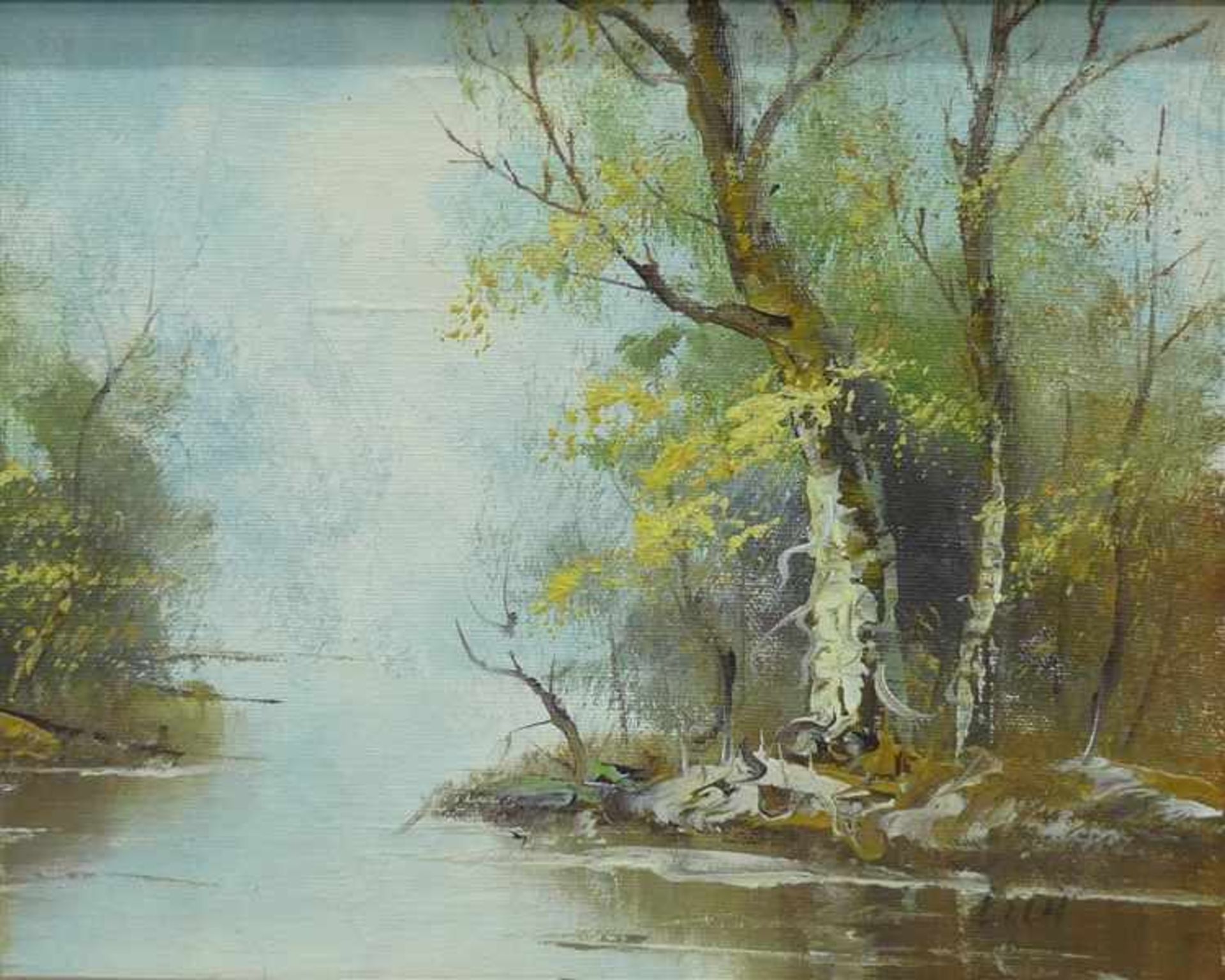 HolmÖl auf Leinen, Waldlandschaft mit einem Fluss, rechts unten signiert, 20. Jh., 21x26 cm, im