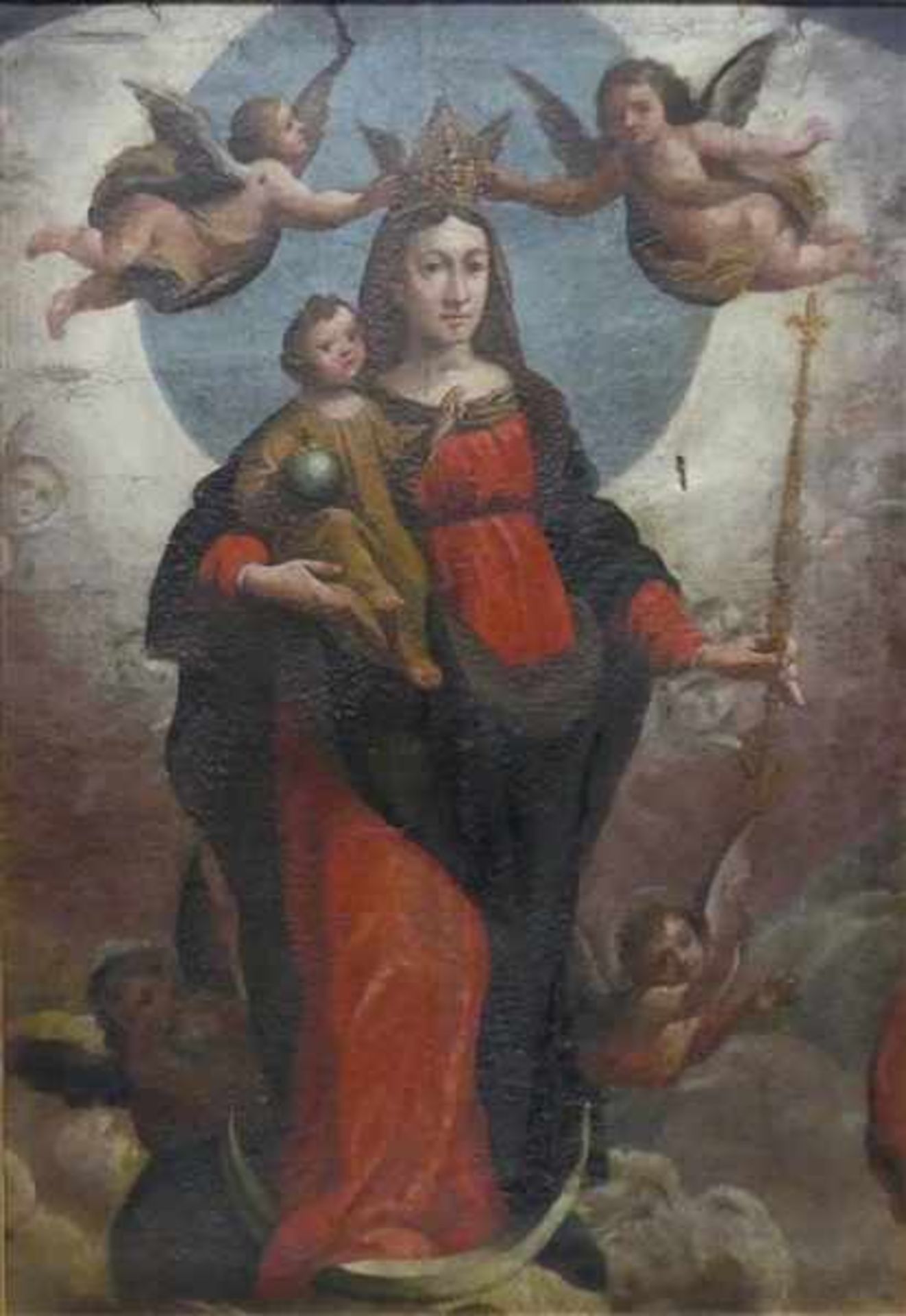 Heiligenmalerei, 18. Jh.Öl auf Leinen, doubliert, Krönung Mariens auf der Mondsichel mit Zepter,