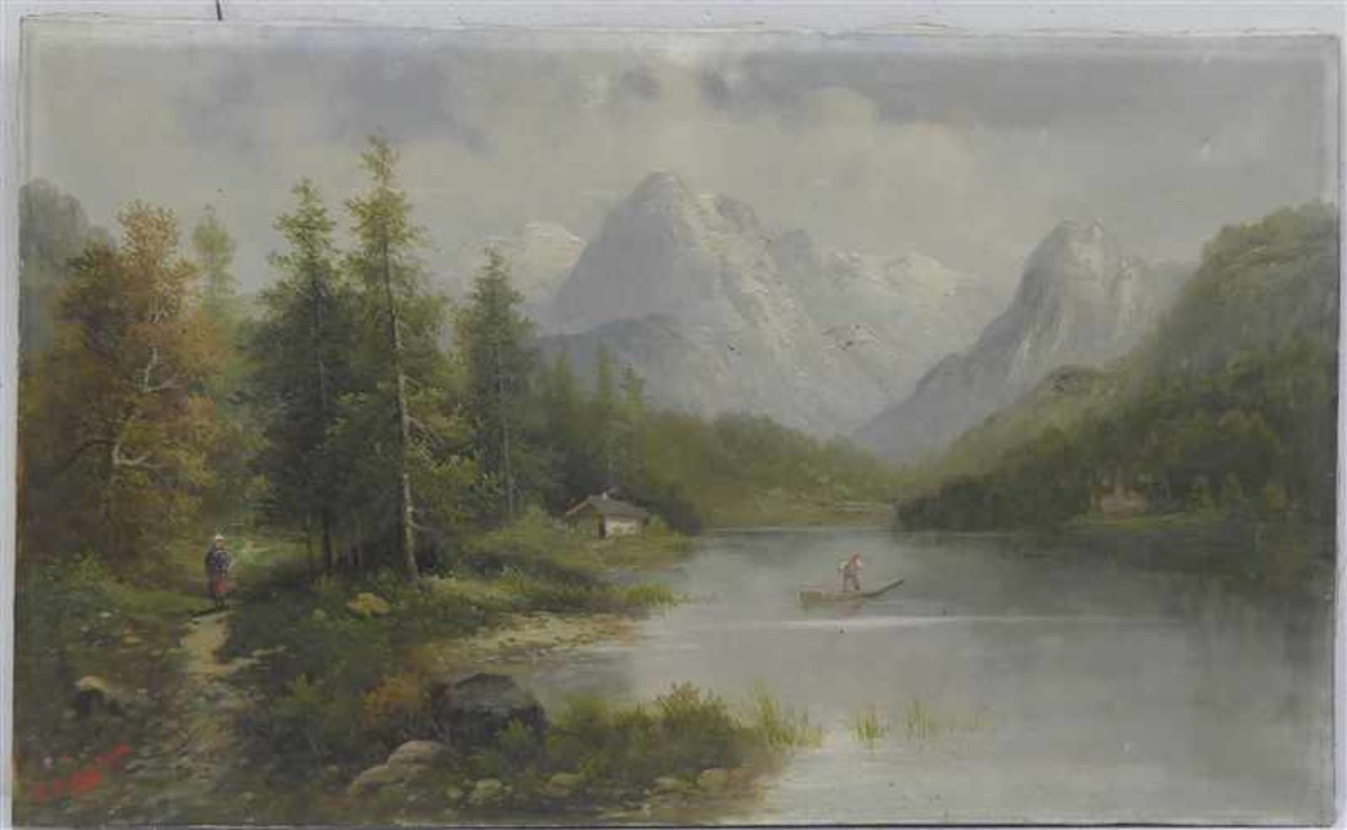 Süddeutsch, um 1900Öl auf Leinen, Landschaft am Hintersee mit Fischerboot, links eine Wanderin im