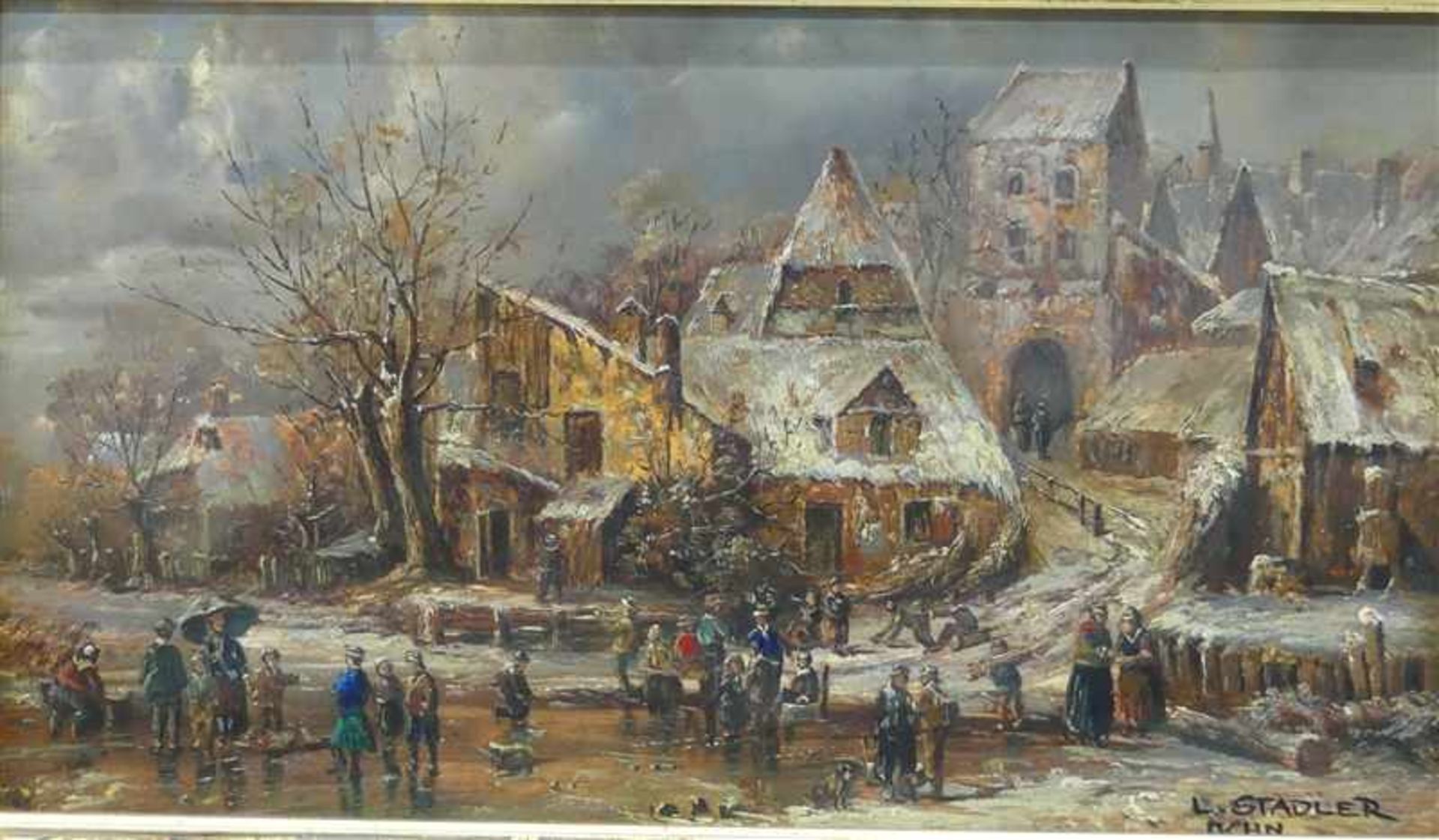 Stadler, L. Öl auf Holz, romantische Winterlandschaft mit zahlreichen Personen, rechts unten