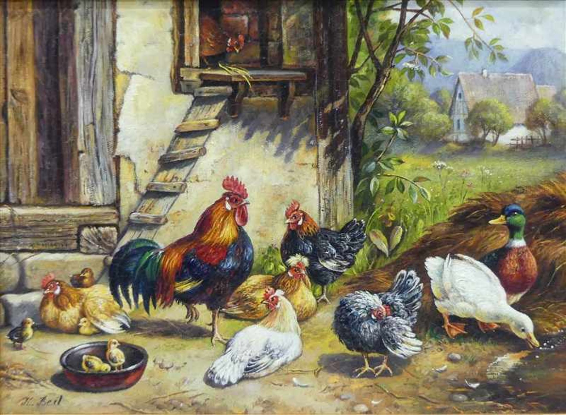 Beil, Karingeb. 1946, Öl auf Leinen auf Holz, Hühnerhof mit Enten vor dem Stall, links unten