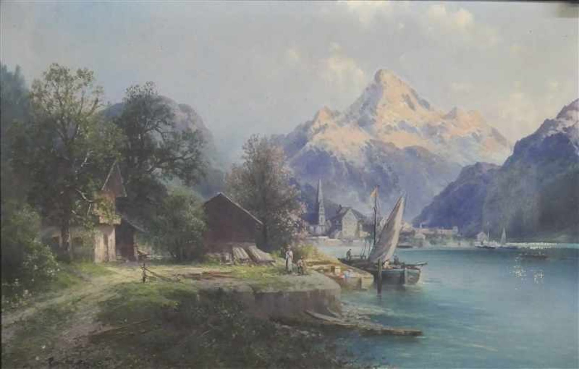 Süddeutsch, um 1900Öl auf Leinen, Oberbayerischer Gebirgssee mit Booten und Personen, Leinwand