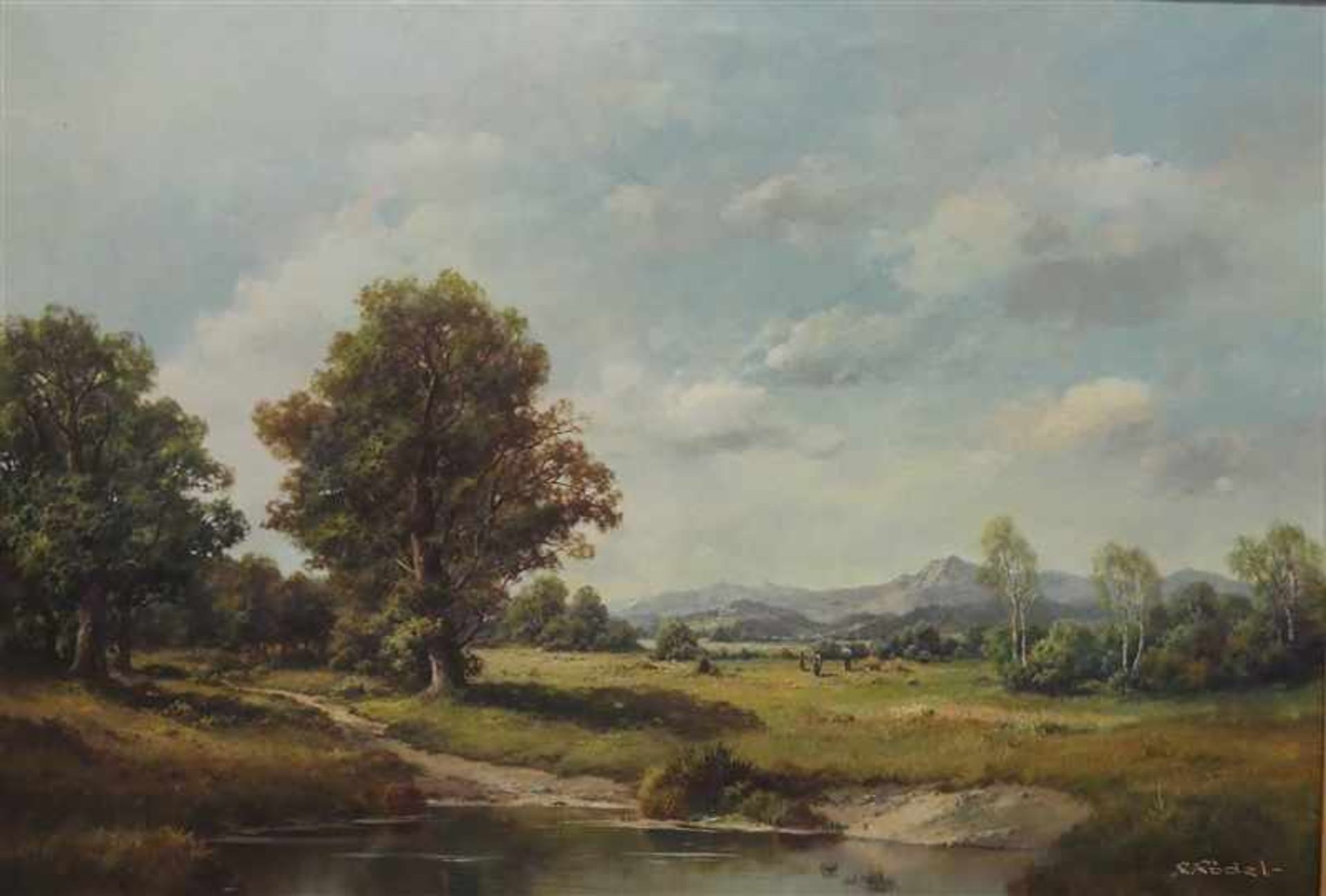 Rödel, R.Öl auf Leinen, romantische Landschaft mit Weg und Weiher, im Hintergrund Birken, 20. Jh.,