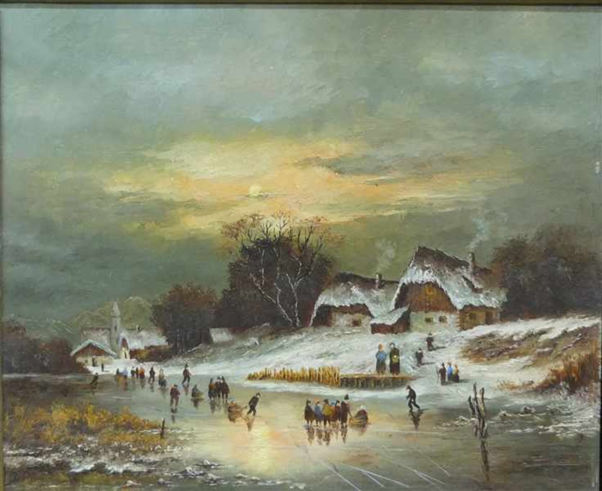 Point, Rudolf1927 Augsburg 2015, Öl auf Holz, Winterlandschaft, Eisvergnügen auf zugefrorenem Fluss,