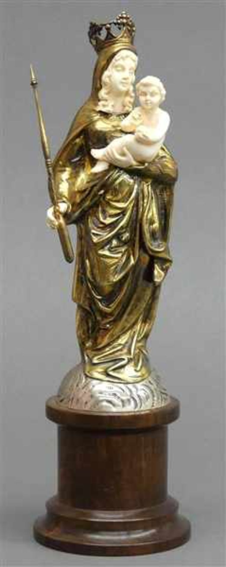 Silberskulptur800 punziert, bekrönte Madonna mit Jesuskind, Gesicht, Hände und Jesu aus Elfenbein,