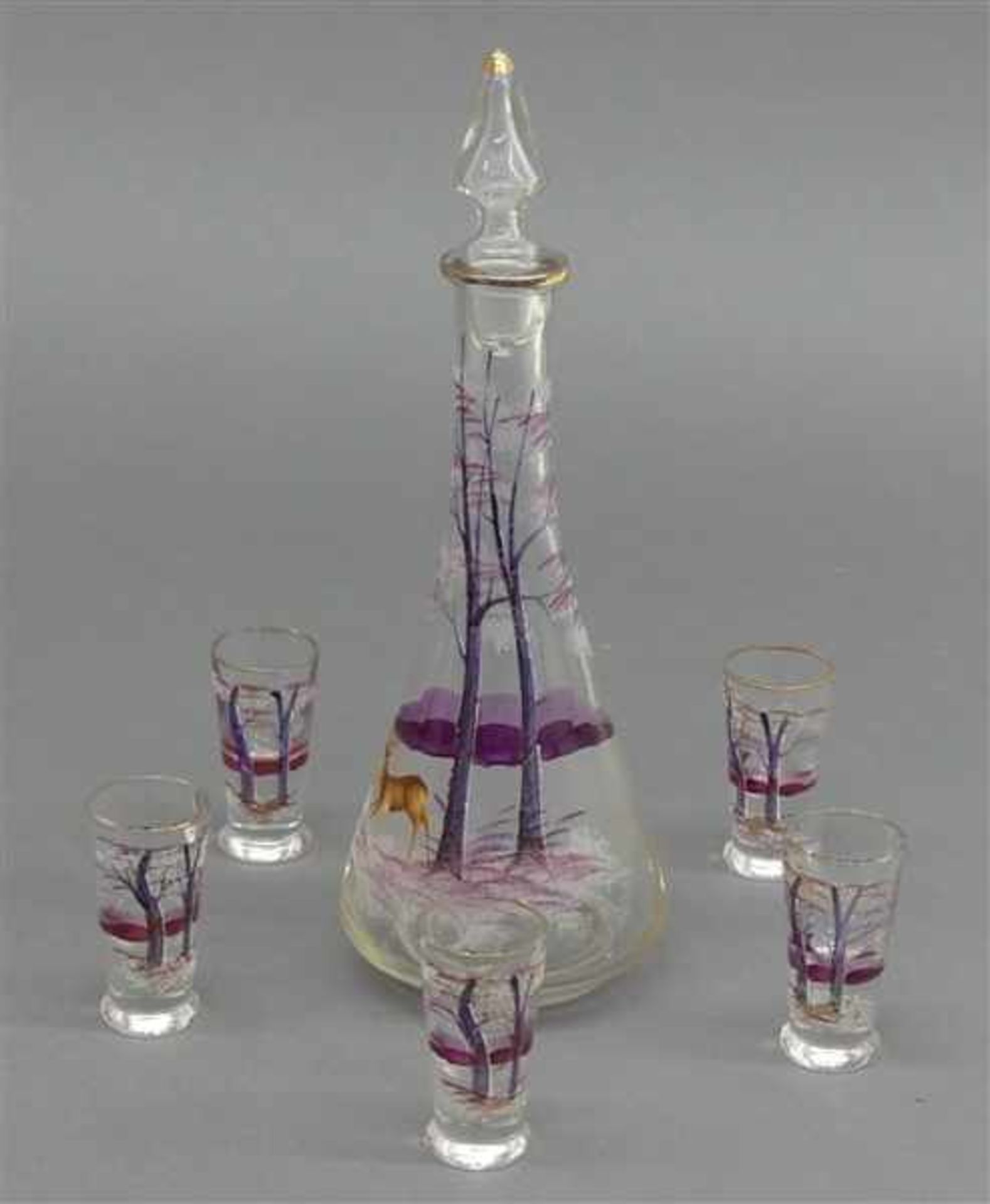Likörgarniturfarbloses Glas, Landschaftsbemalung, Stöpselflasche mit 5 Gläsern, um 1920,