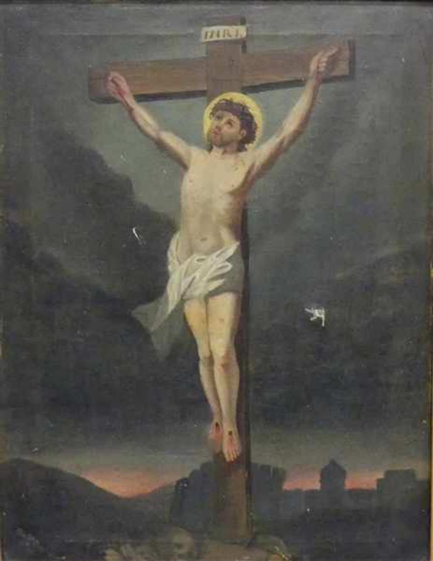 Deutsch, 19. Jh.Öl auf Leinen, doubliert, Christus am Kreuz, beschädigt, 51x38 cm, im Rahmen,- - -