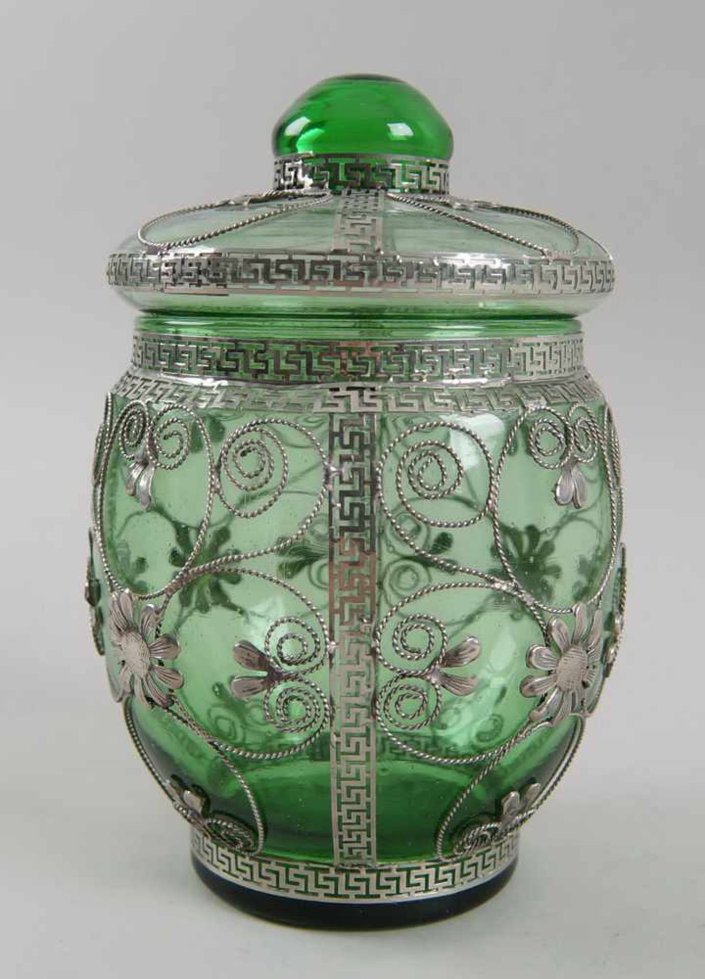 Biedermeier Deckelglas / Bonboniere mit filigraner Silbermontierung, 19. JH, H 20 xDurchmesser 13cm - Bild 3 aus 8