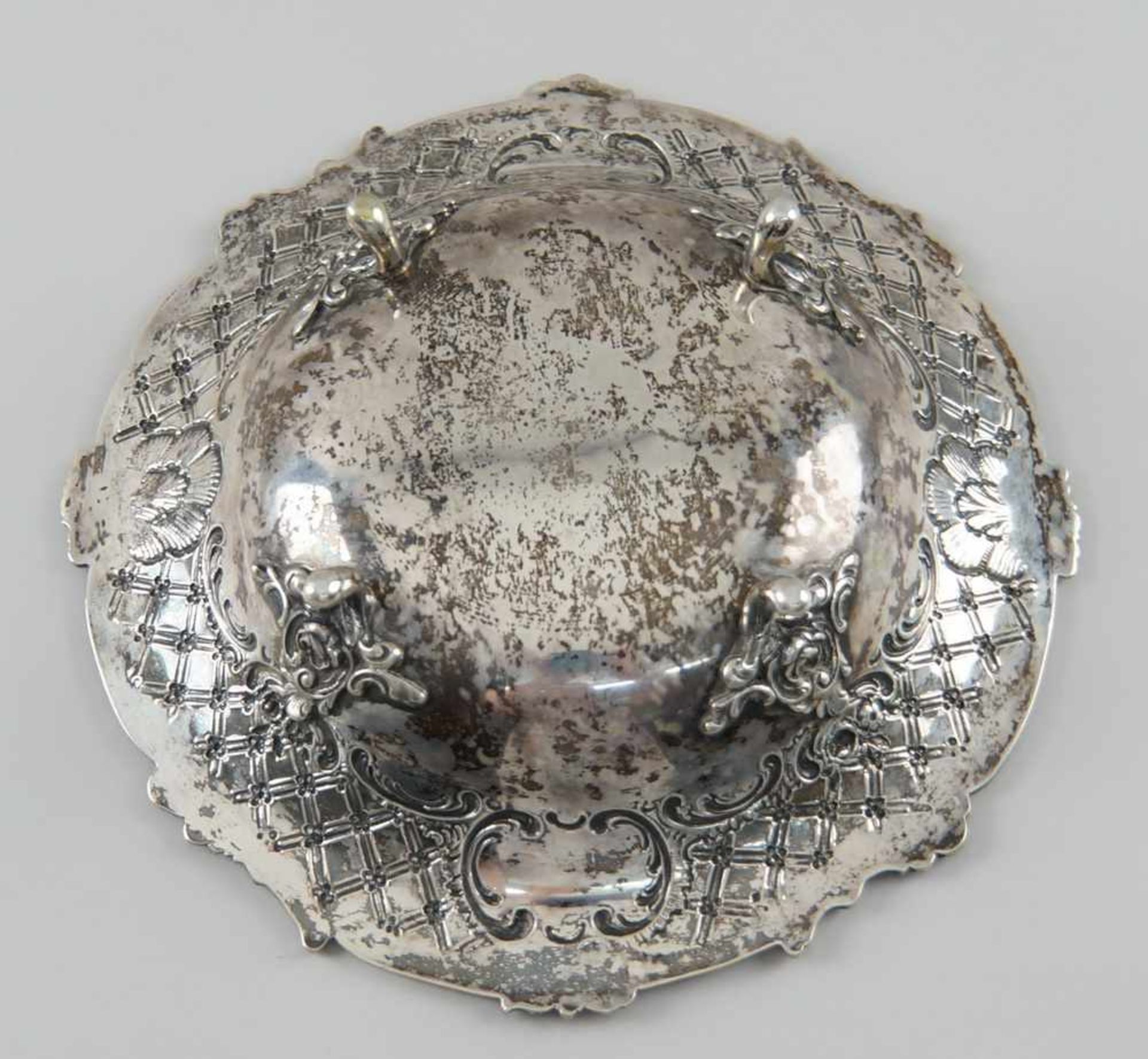 Silber Prunkschale auf Füsschen, fein gearbeitet, gepunztk 560g, Durchmesser 24 cm, H 6 cm - Bild 5 aus 7