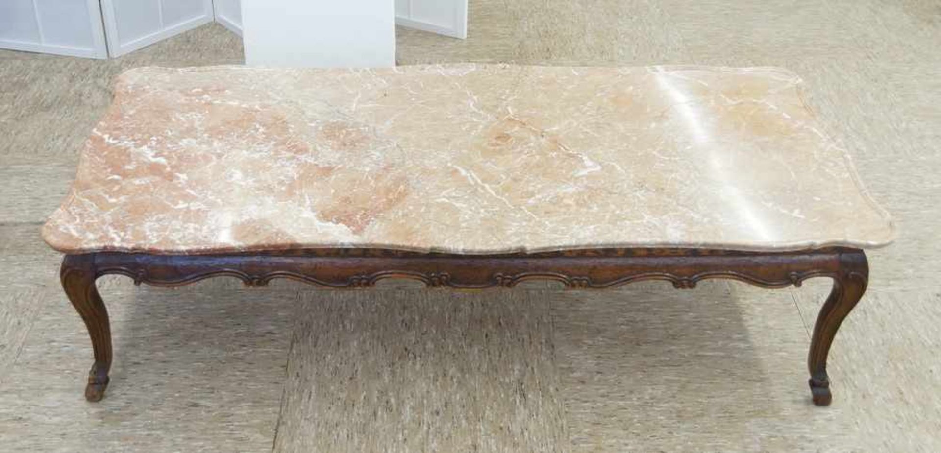 Sofatisch/Couchtisch, Holz geschnitzt mit Marmorplatte, Anfang 20. JH, 46x163x76cm - Bild 2 aus 9