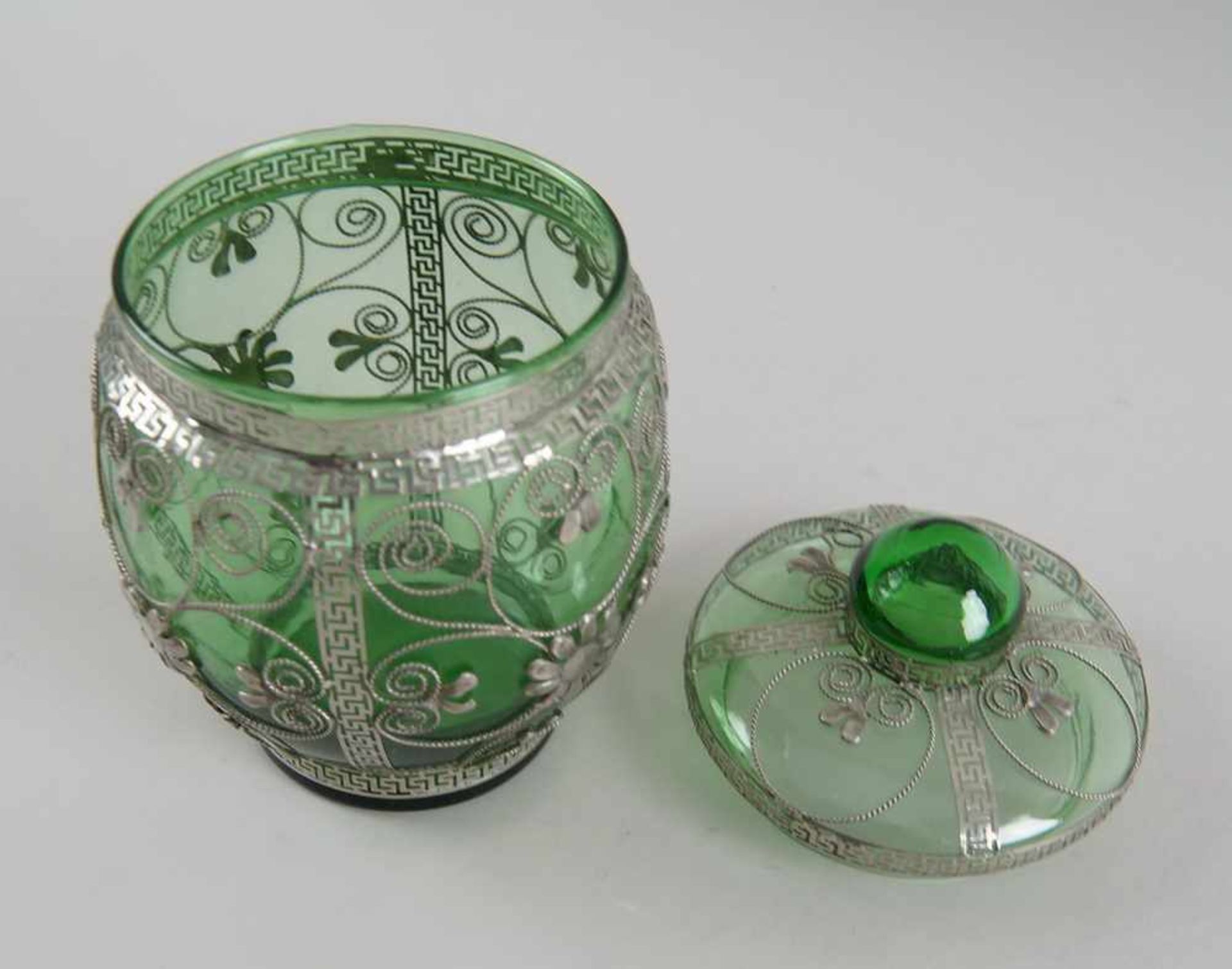 Biedermeier Deckelglas / Bonboniere mit filigraner Silbermontierung, 19. JH, H 20 xDurchmesser 13cm - Bild 4 aus 8