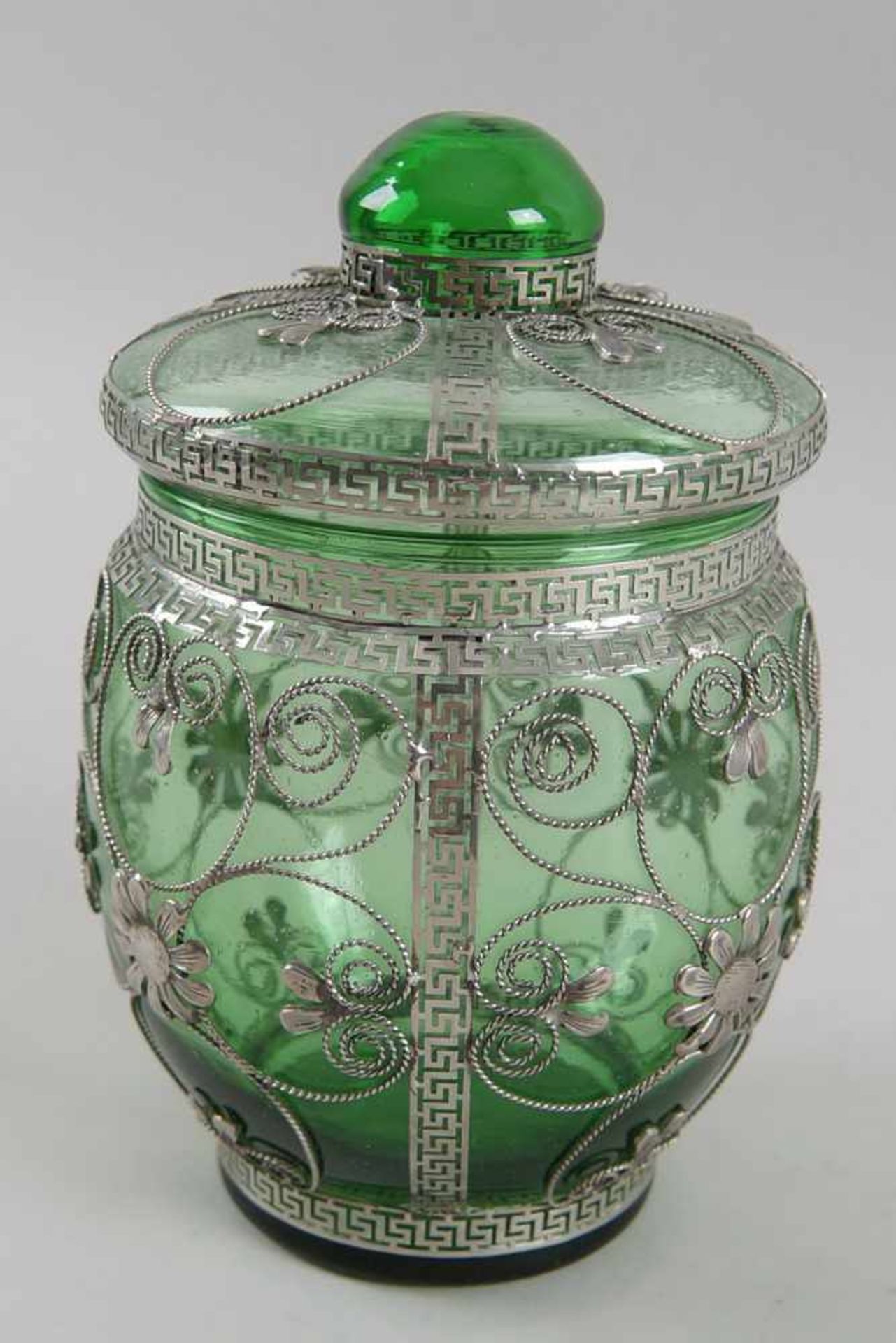 Biedermeier Deckelglas / Bonboniere mit filigraner Silbermontierung, 19. JH, H 20 xDurchmesser 13cm - Bild 2 aus 8