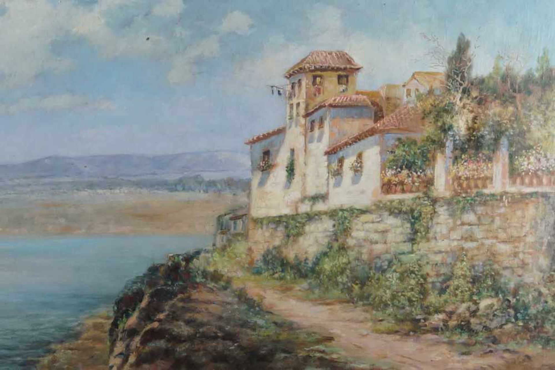 Mediterrane Küstenlandschaft mit Haus am Meer, Italien, 19. JH, Öl auf Leinwand, gerahmt,84x110 - Bild 4 aus 9