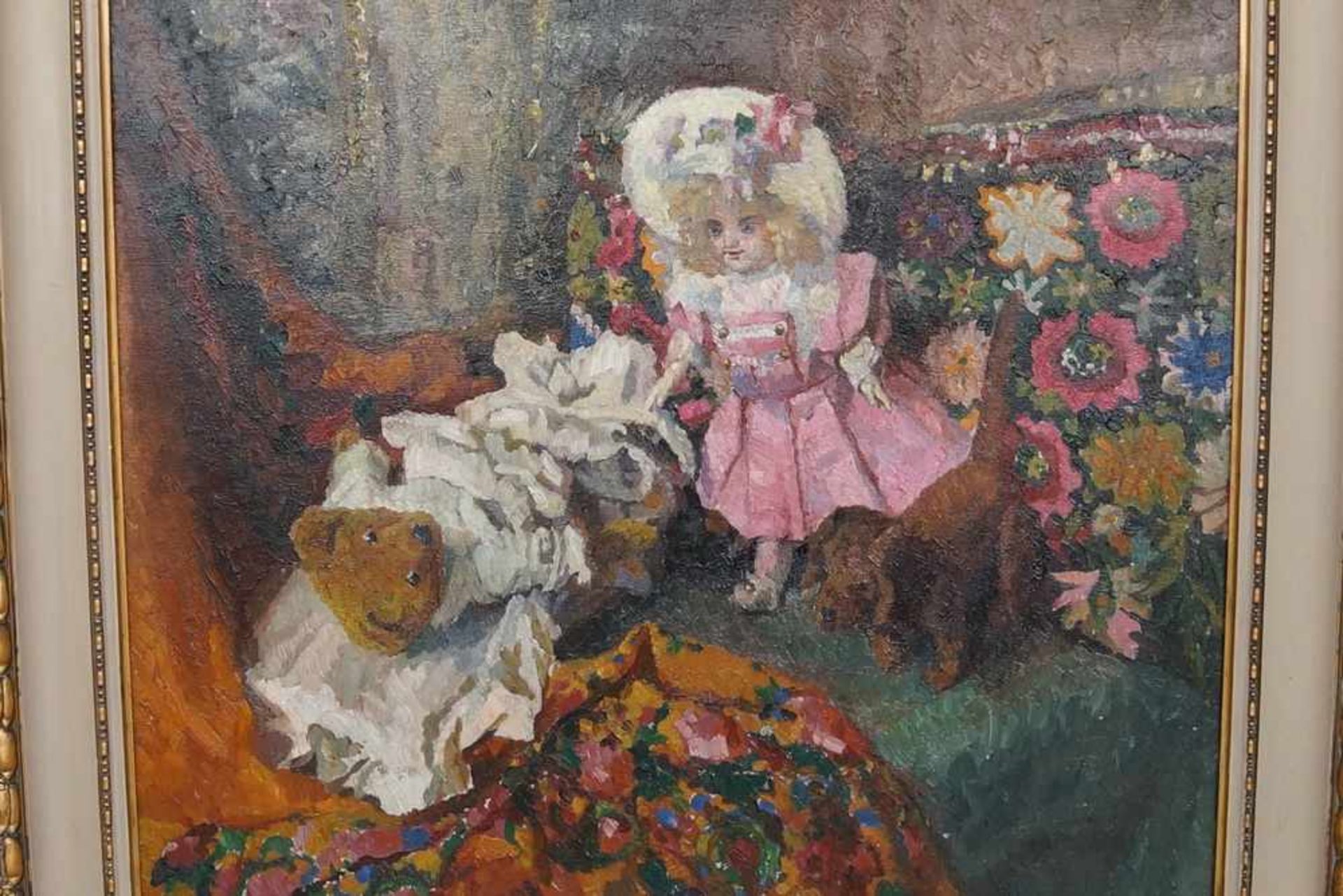 Liebliches Gemälde in Öl auf Leinwand, gerahmt, Kind mit Teddybär und Hund, 103x111cm- - -24.00 % - Bild 2 aus 6