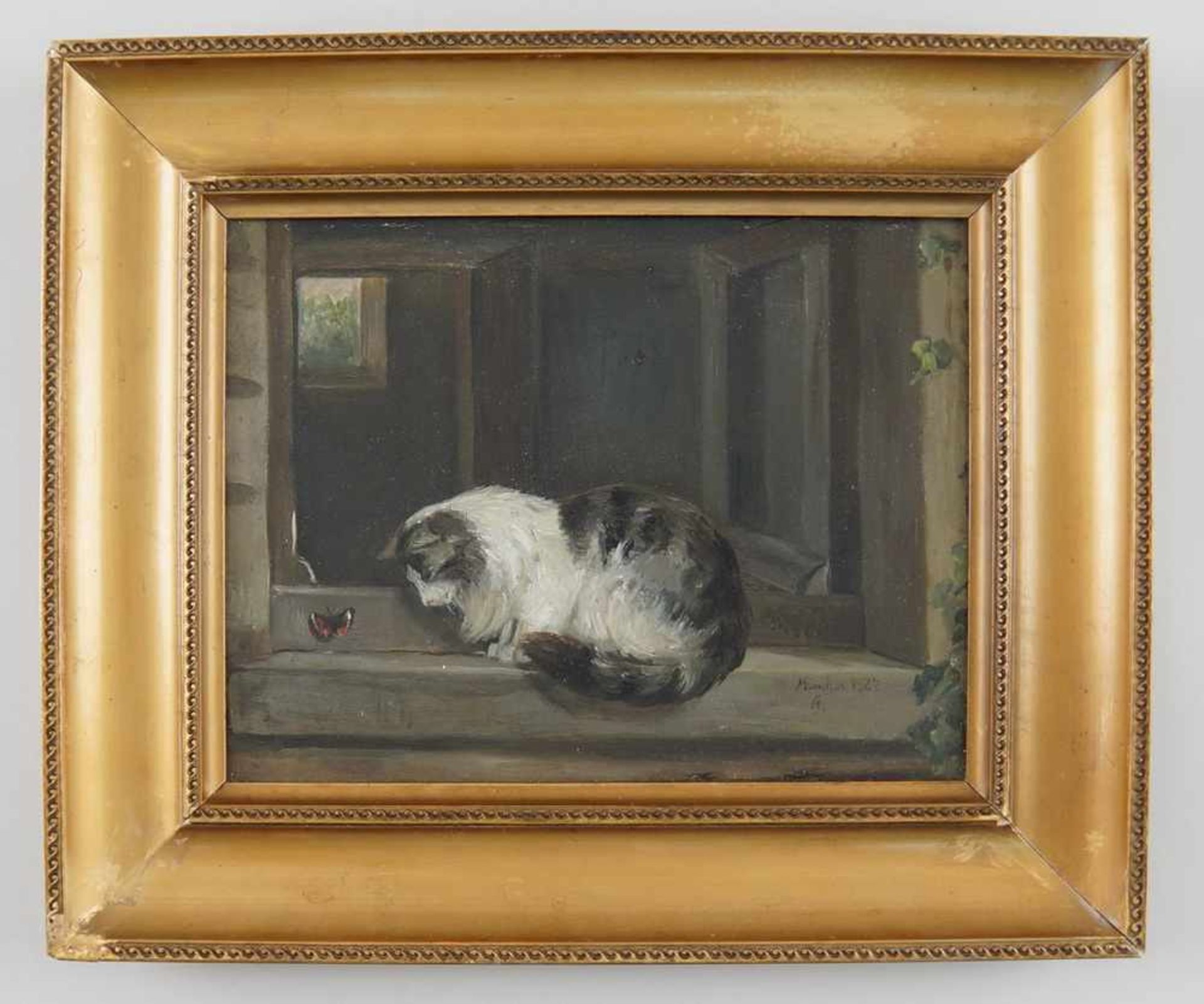 Katze mit Schmetterling, Öl auf Holz, gerahmt, signiert, 30x36cm- - -24.00 % buyer's premium on