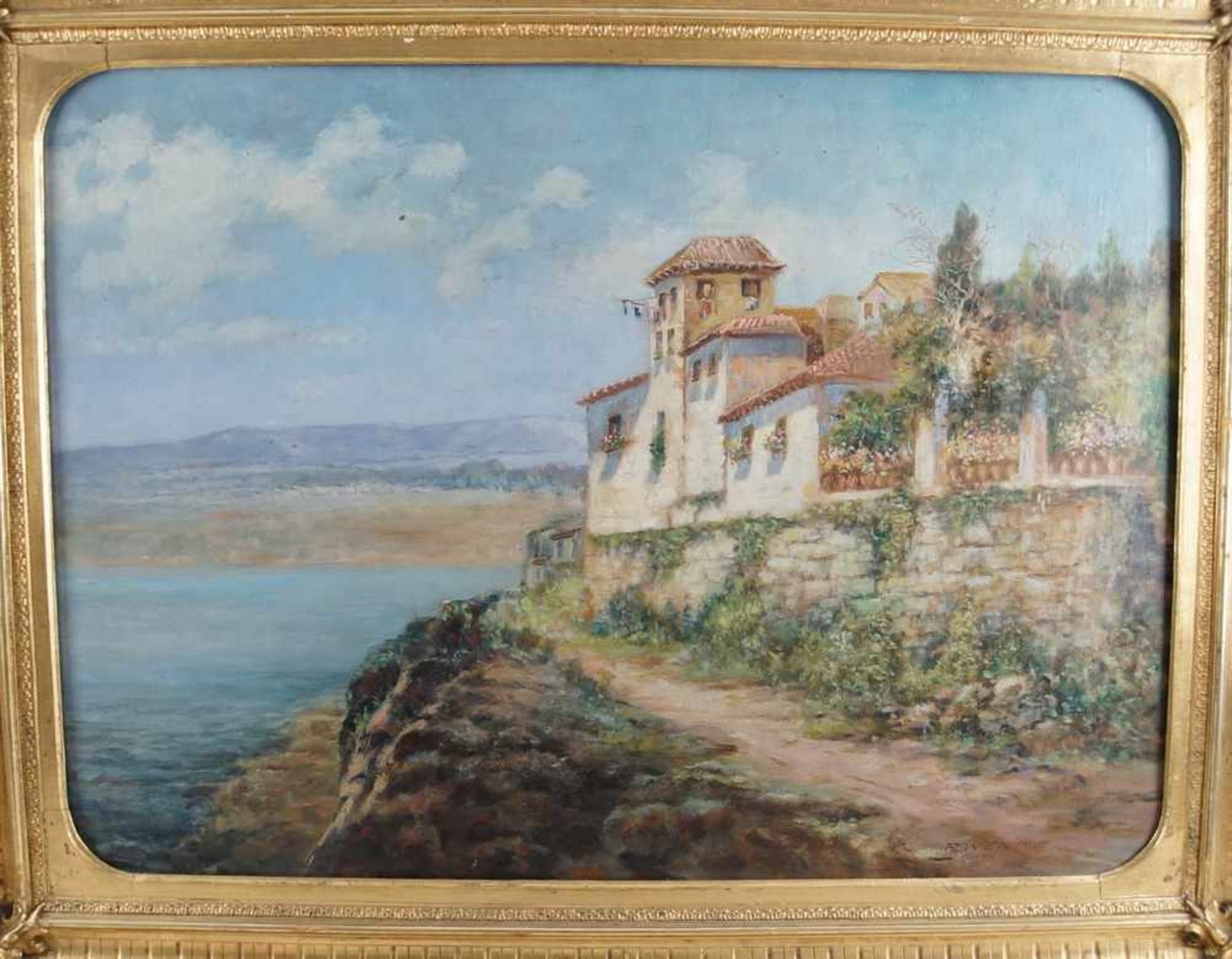 Mediterrane Küstenlandschaft mit Haus am Meer, Italien, 19. JH, Öl auf Leinwand, gerahmt,84x110 - Bild 3 aus 9