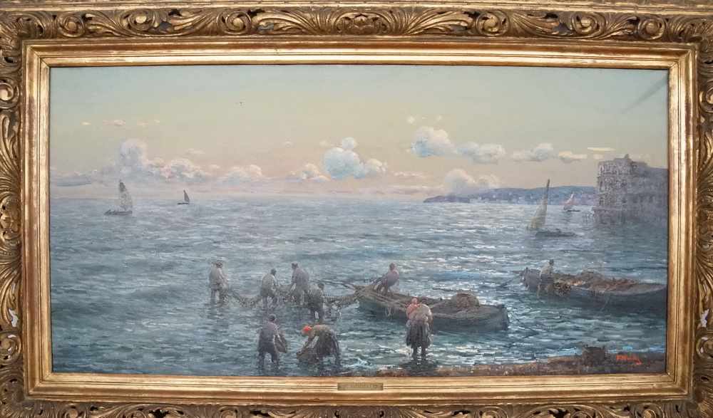 Fischer im Hafen Marina di Napoli, Öl auf Leinwand, gerahmt, signiert, plakettiert, F.Morello, verso - Image 3 of 13