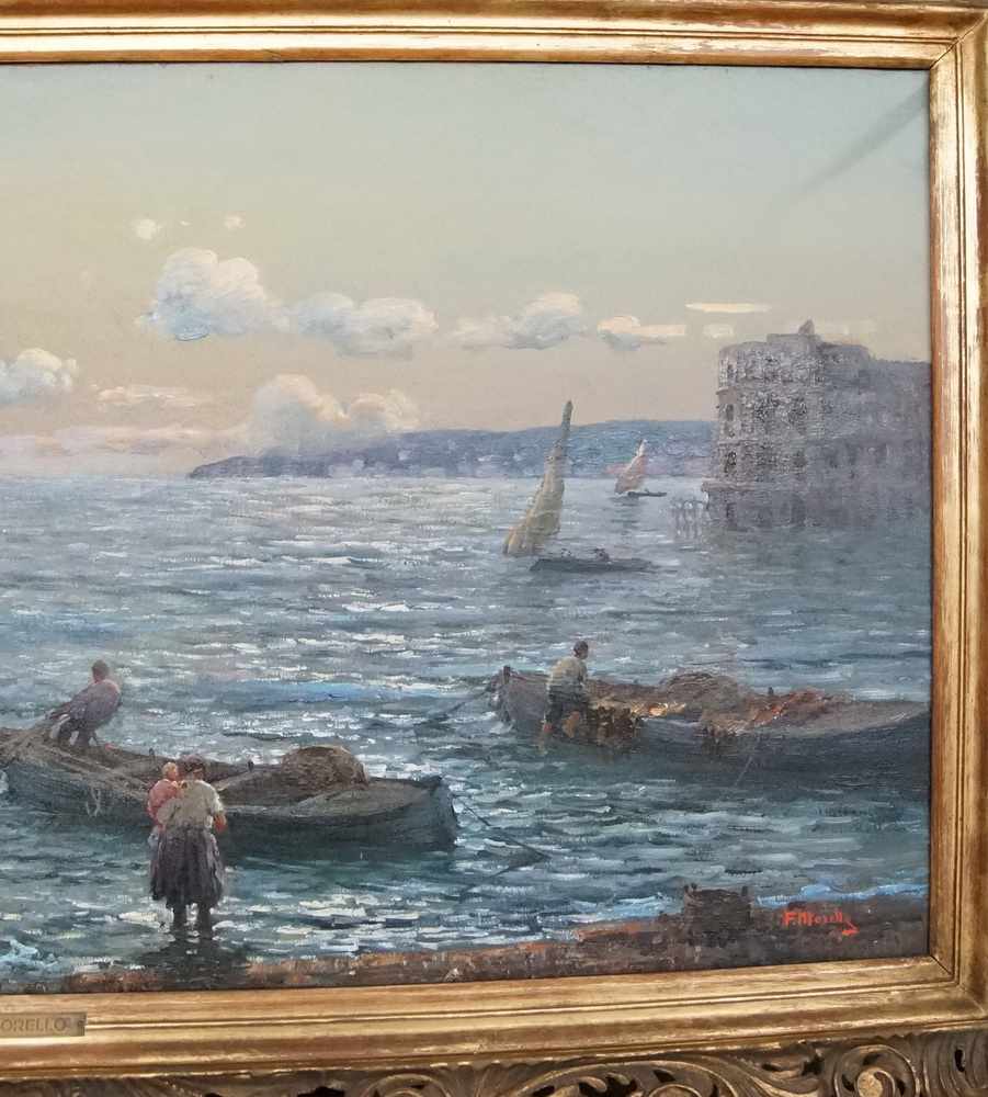 Fischer im Hafen Marina di Napoli, Öl auf Leinwand, gerahmt, signiert, plakettiert, F.Morello, verso - Image 7 of 13