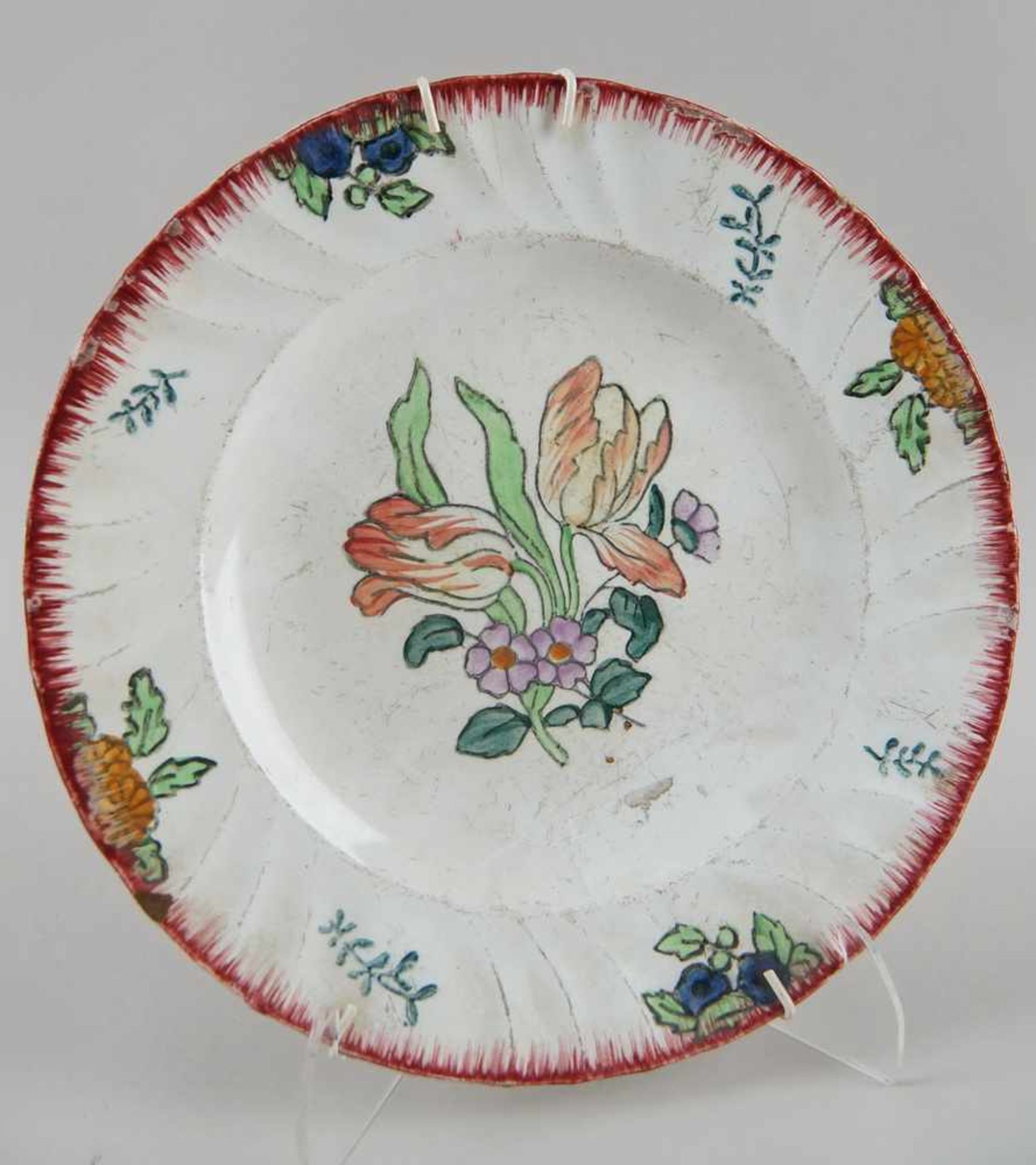 Keramikteller, floral bemalt, Altersspuren, verso gemarktet, Durchmesser 24,5cm- - -24.00 % buyer' - Bild 2 aus 4