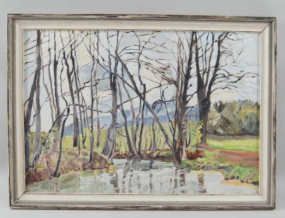 Vorfrühling, Birken am Bach, Öl auf Malkarton, gerahmt, signiert, W. Hassold, versobezeichnet,