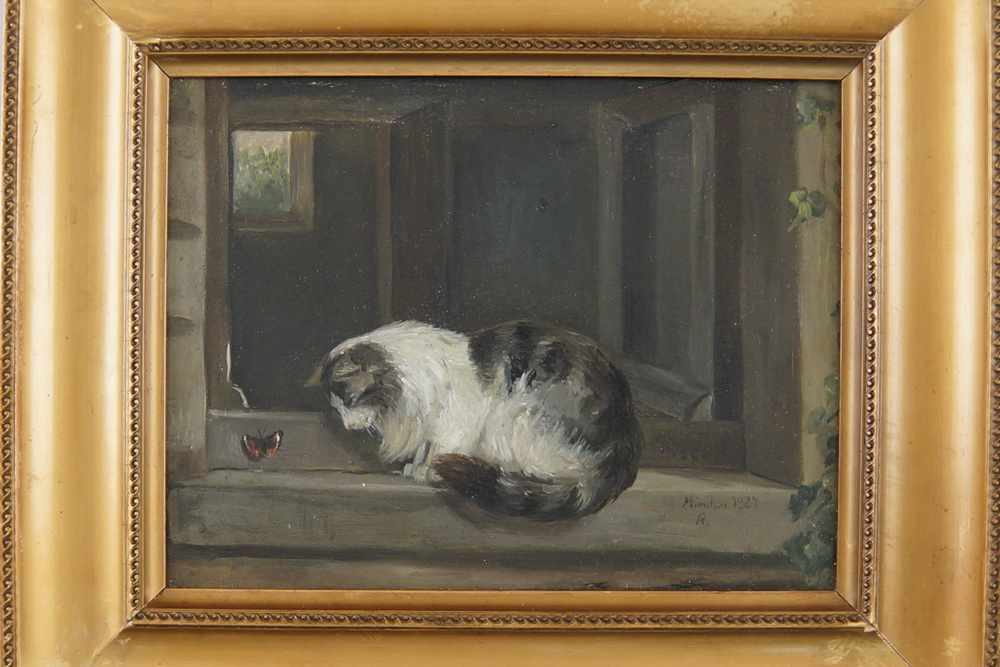 Katze mit Schmetterling, Öl auf Holz, gerahmt, signiert, 30x36cm- - -24.00 % buyer's premium on - Image 2 of 5