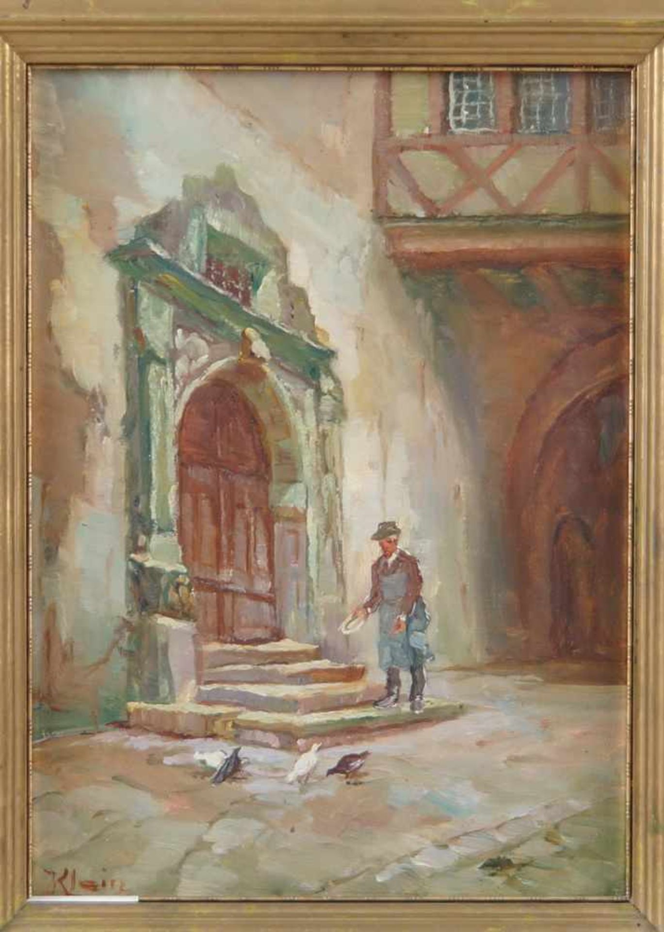 Rathaustor in Rothenburg, vor den Treppen ein Mann beim Tauben füttern, Öl auf Leinwand,gerahmz, - Bild 2 aus 7