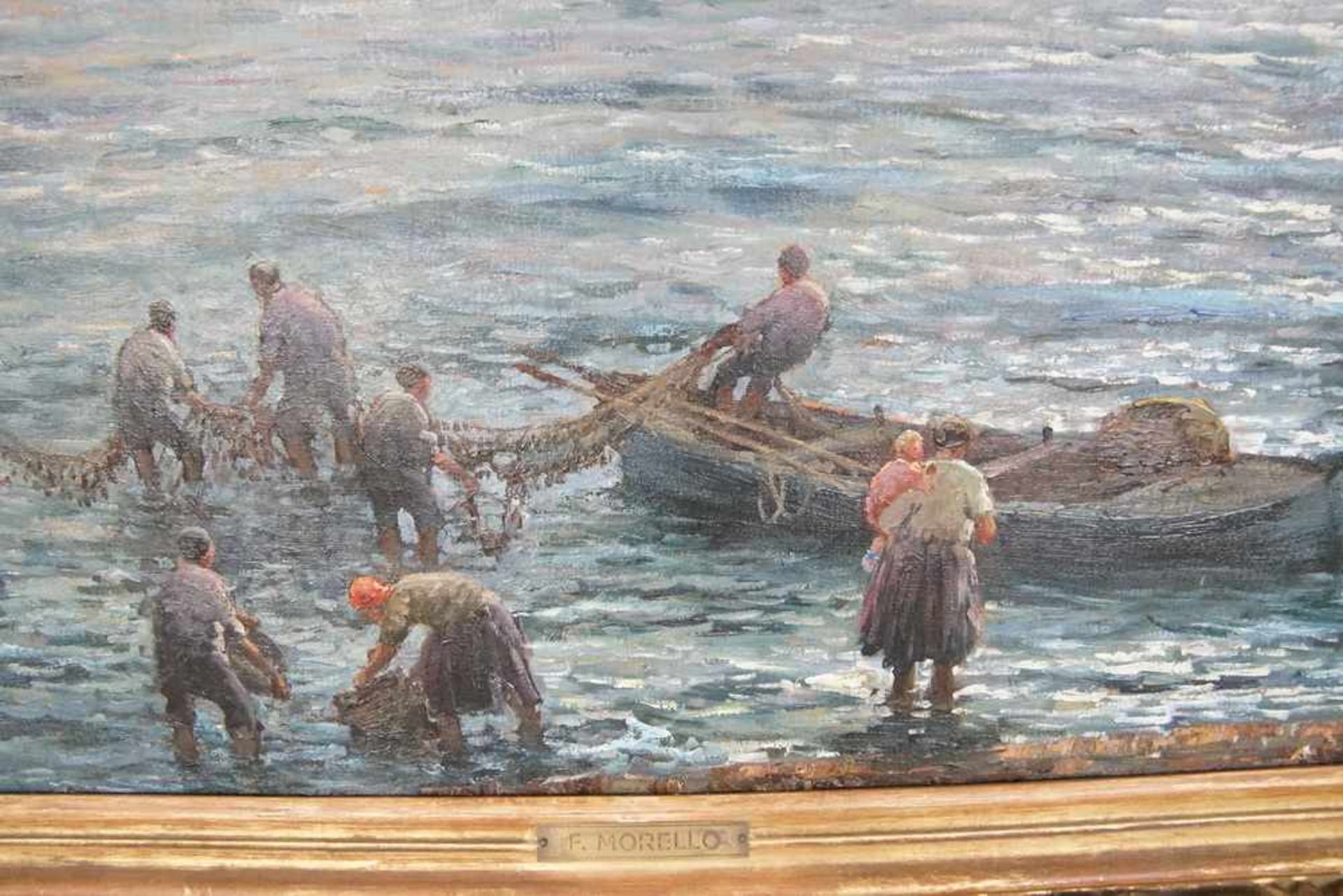 Fischer im Hafen Marina di Napoli, Öl auf Leinwand, gerahmt, signiert, plakettiert, F.Morello, verso - Bild 8 aus 13